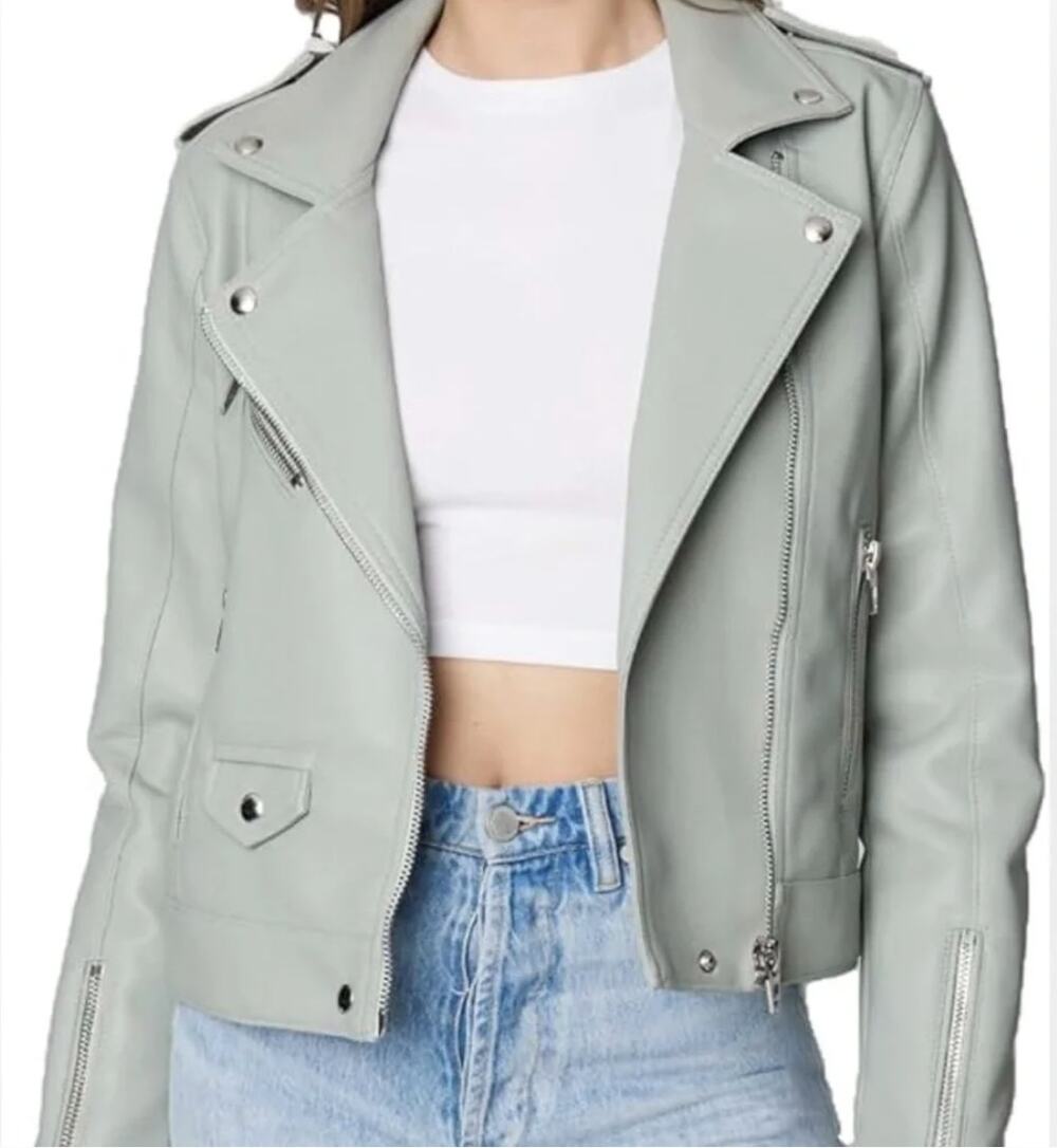 BLANKNYC Faux Leather Moto Jacket – Baby Blue Cropped Asym Zip Biker- Size XS
